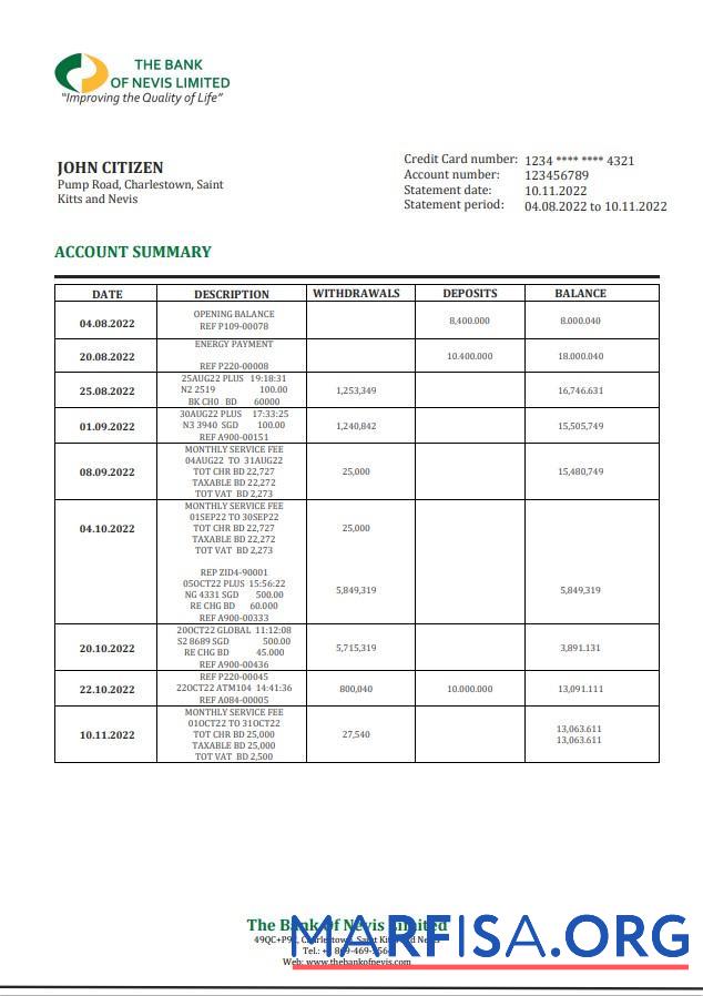 Realistic Saint Kitts and Nevis The Bank of Nevis bank statement word example
